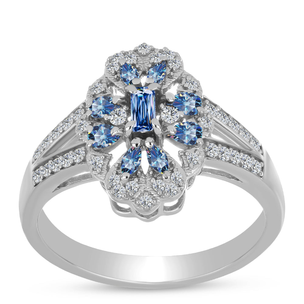 Anillo de Plata con Moisanita azul océano y Topacio Blanco