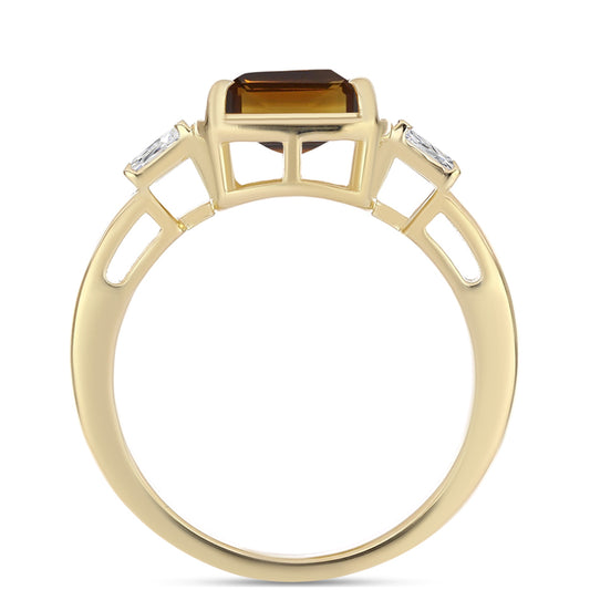 Anillo de Plata Bañada en Oro con Cuarzo Coñac y Zircón Blanco