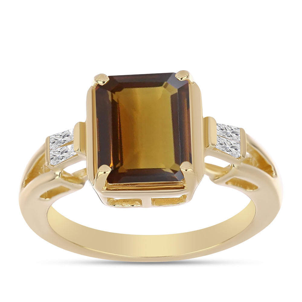 Anillo de Plata Bañada en Oro con Cuarzo Coñac y Zircón Blanco