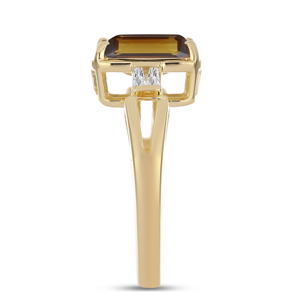 Anillo de Plata Bañada en Oro con Cuarzo Coñac y Zircón Blanco 4 