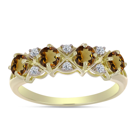 Anillo de Plata Bañada en Oro con Cuarzo Coñac y Topacio Blanco