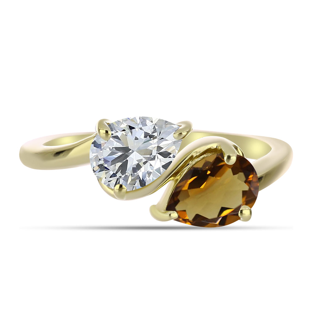 Anillo de Plata Bañada en Oro con Cuarzo Coñac y Topacio Blanco 1 