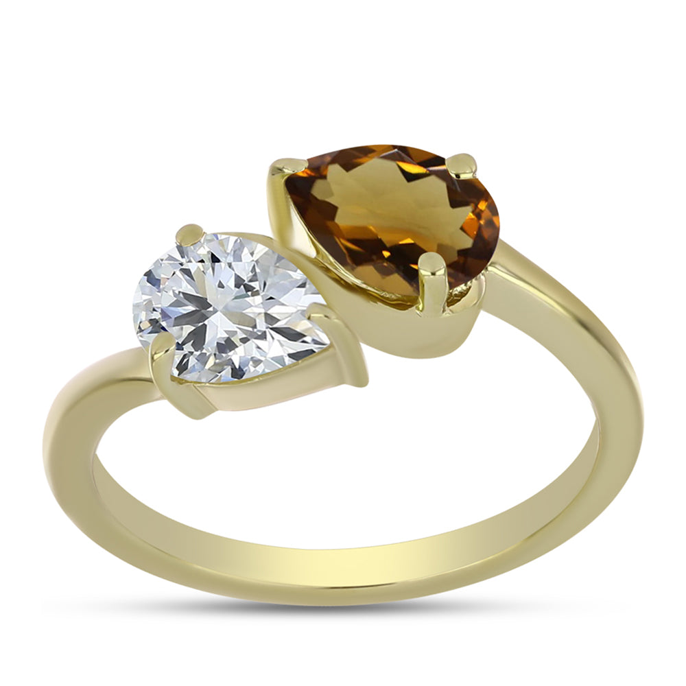 Anillo de Plata Bañada en Oro con Cuarzo Coñac y Topacio Blanco 3 