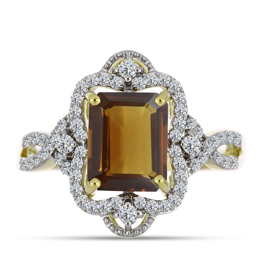 Anillo de Plata Bañada en Oro con Cuarzo Coñac y Topacio Blanco