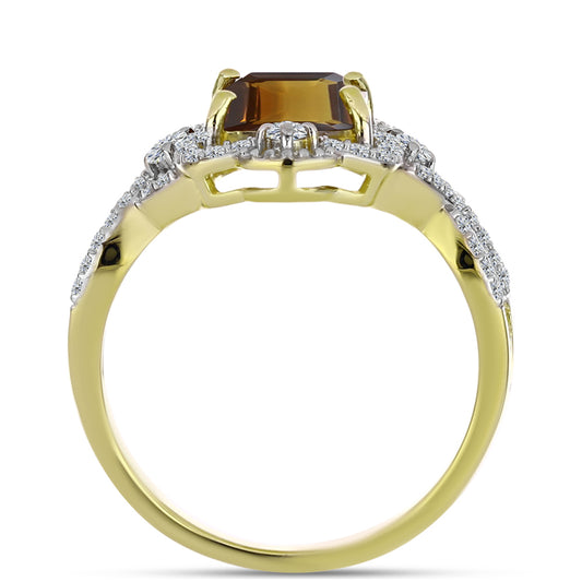 Anillo de Plata Bañada en Oro con Cuarzo Coñac y Topacio Blanco