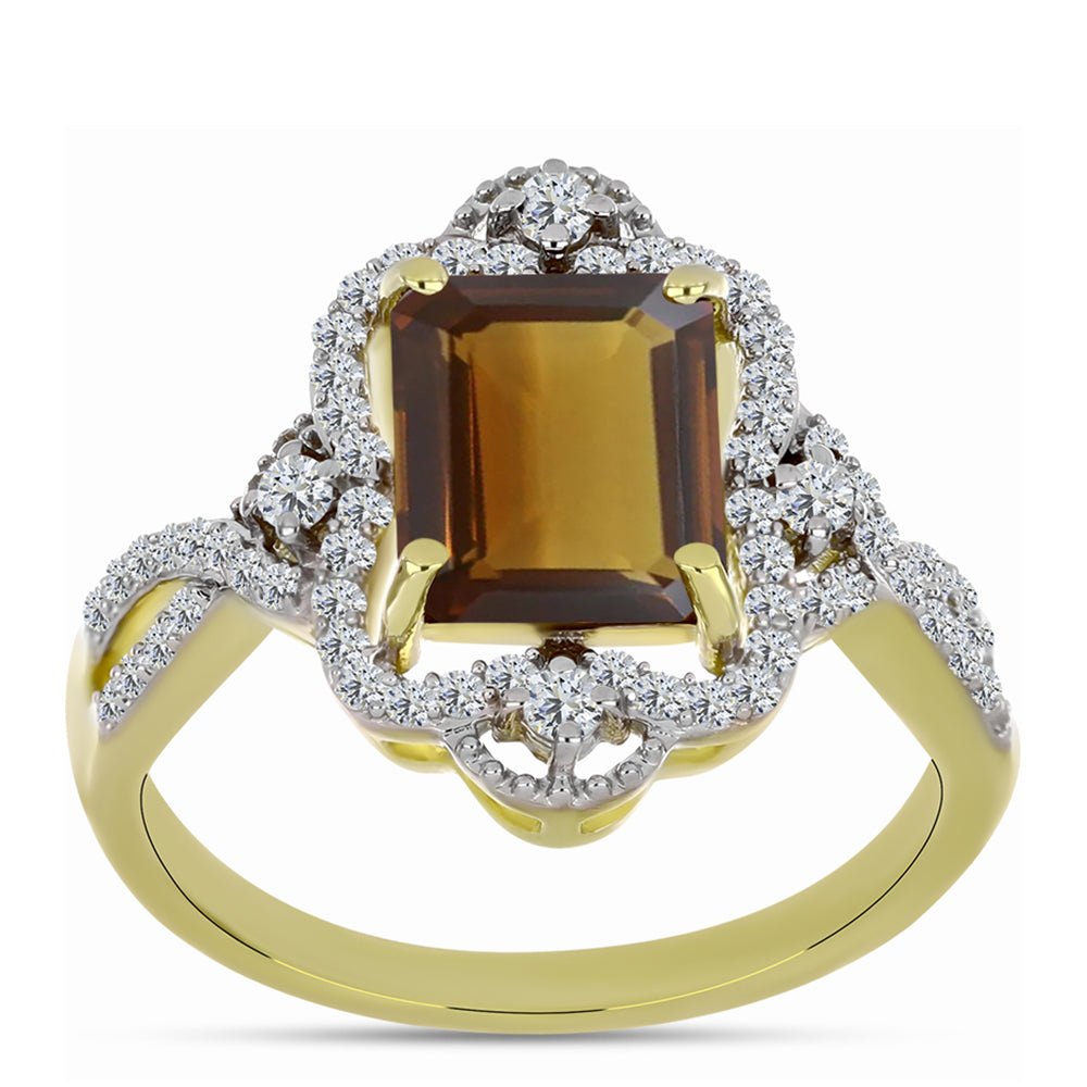 Anillo de Plata Bañada en Oro con Cuarzo Coñac y Topacio Blanco 3 