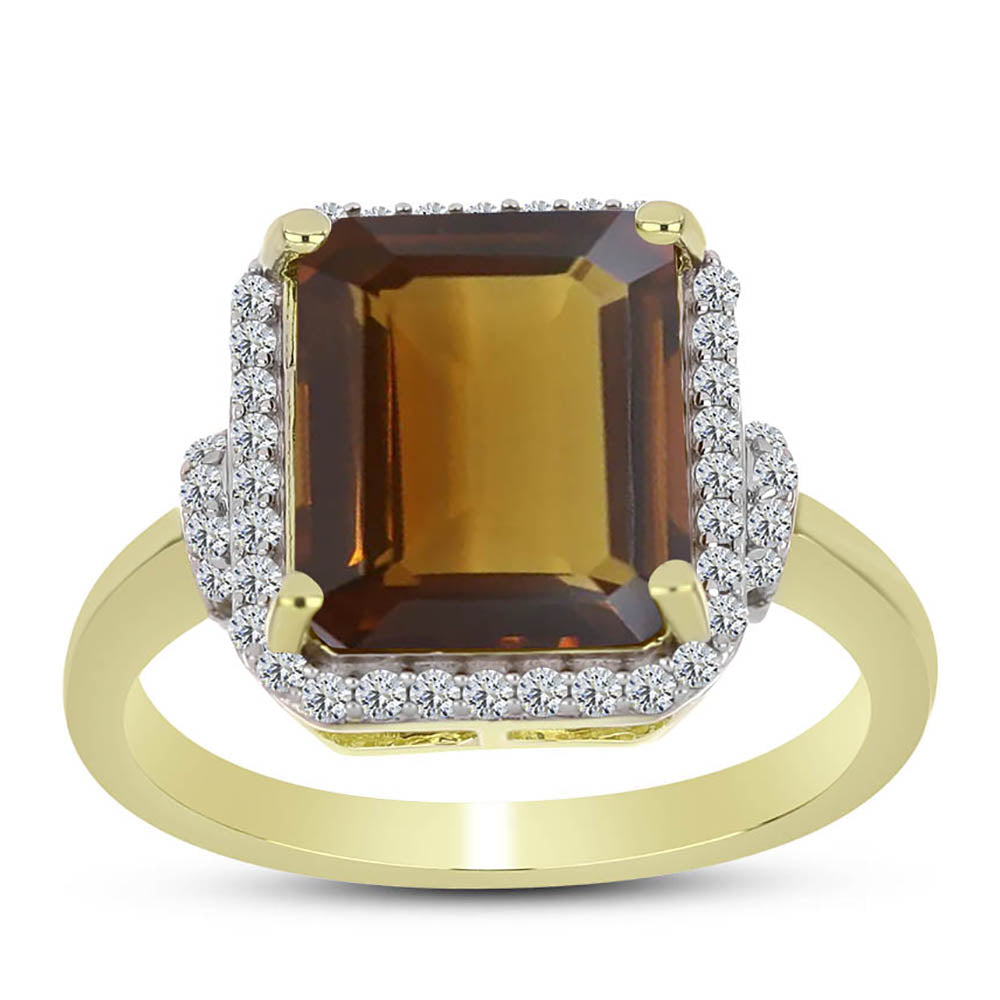 Anillo de Plata Bañada en Oro con Cuarzo Coñac y Topacio Blanco 3 