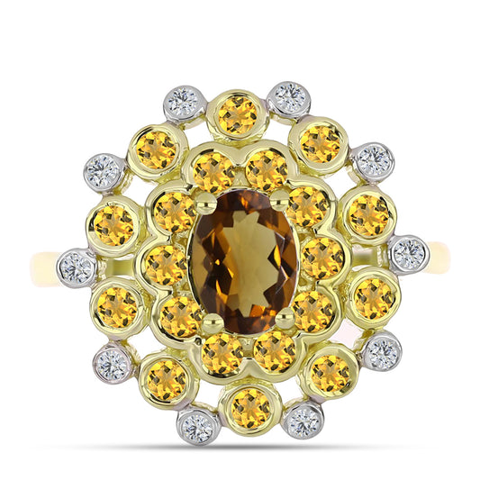 Anillo de Plata Bañada en Oro con Cuarzo Coñac y Topacio Blanco