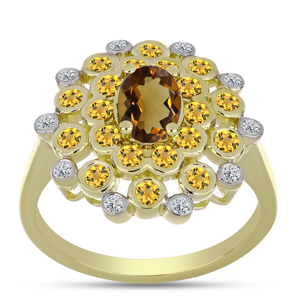 Anillo de Plata Bañada en Oro con Cuarzo Coñac y Topacio Blanco