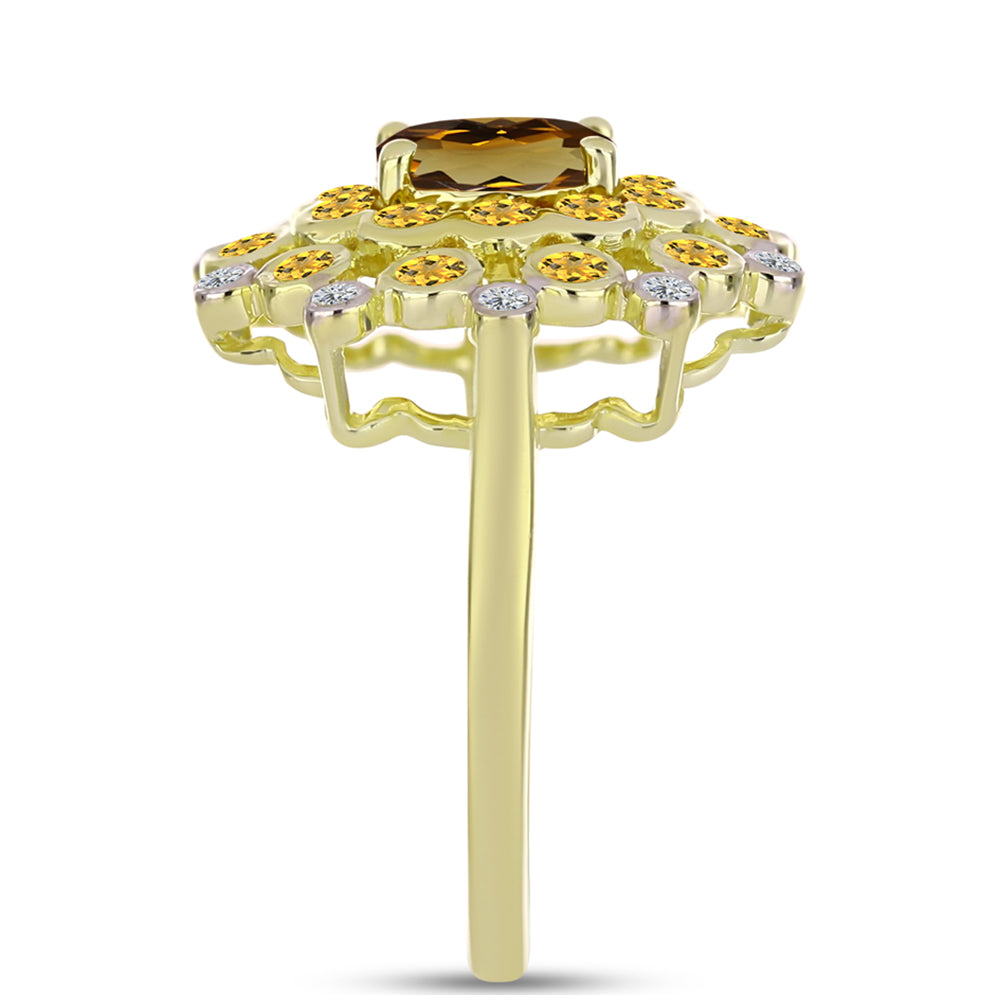 Anillo de Plata Bañada en Oro con Cuarzo Coñac y Topacio Blanco 4 