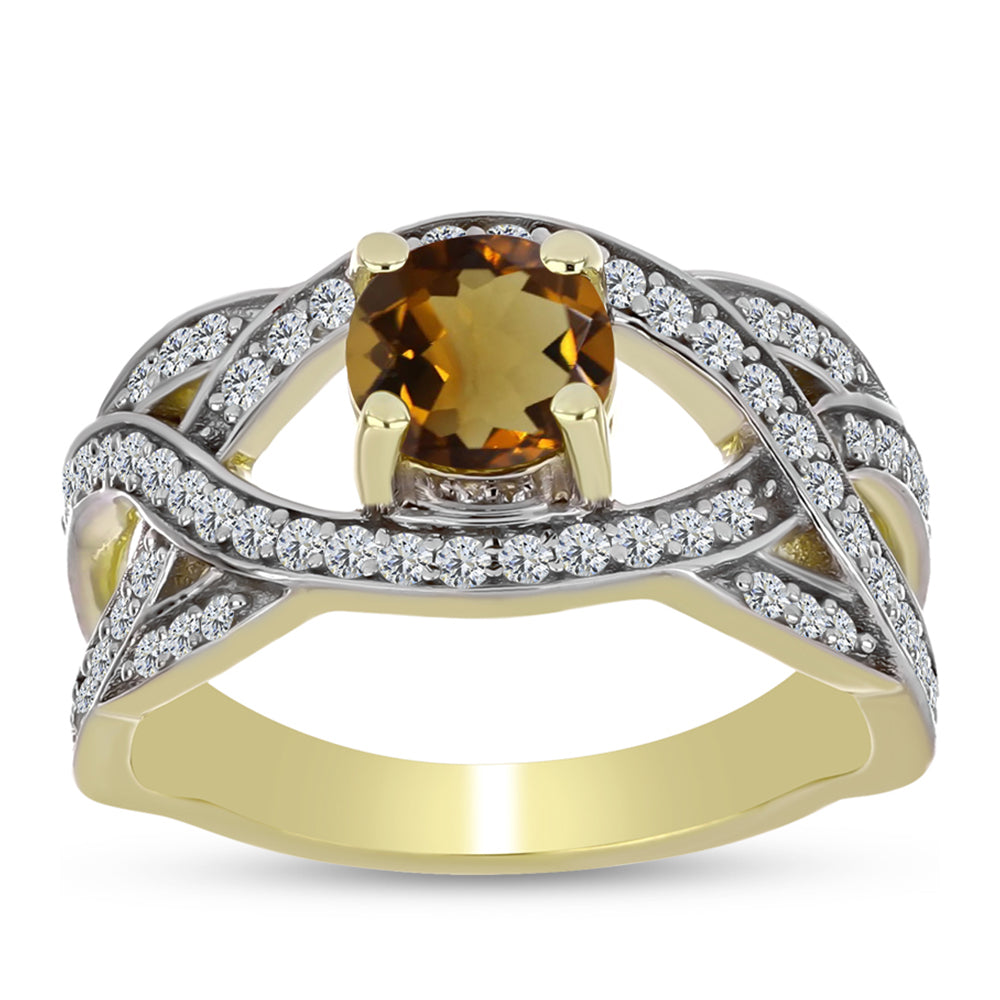 Anillo de Plata Bañada en Oro con Cuarzo Coñac y Topacio Blanco 3 