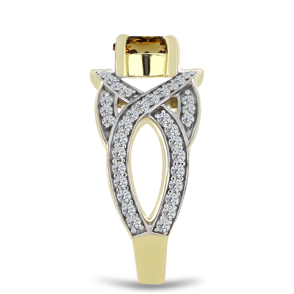 Anillo de Plata Bañada en Oro con Cuarzo Coñac y Topacio Blanco 4 