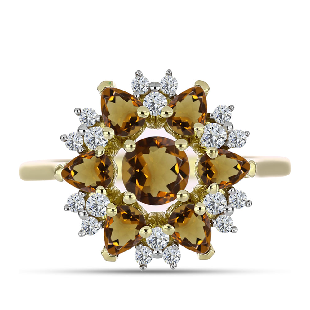 Anillo de Plata Bañada en Oro con Cuarzo Coñac y Topacio Blanco 1 