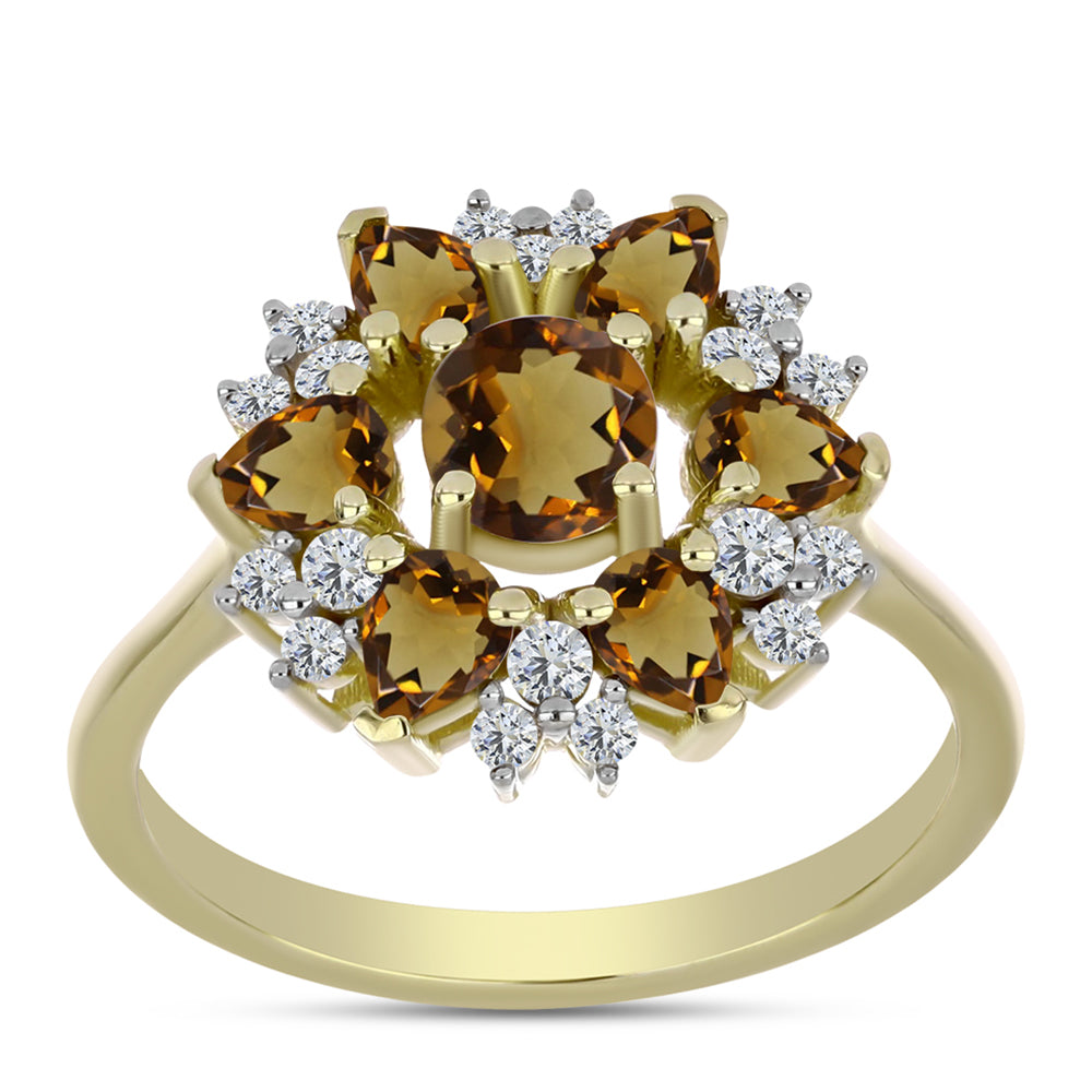 Anillo de Plata Bañada en Oro con Cuarzo Coñac y Topacio Blanco