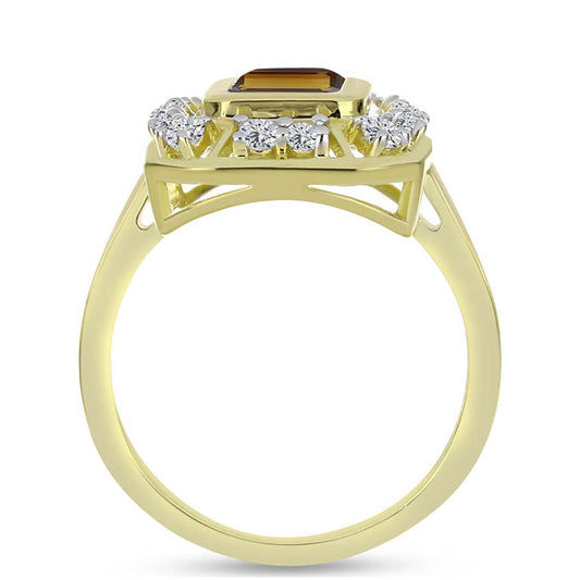 Anillo de Plata Bañada en Oro con Cuarzo Coñac y Topacio Blanco