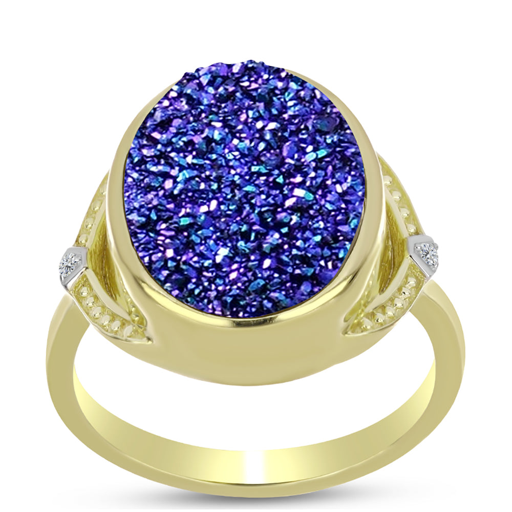 Anillo de Plata Bañada en Oro con Drusa Purpura y Topacio Blanco