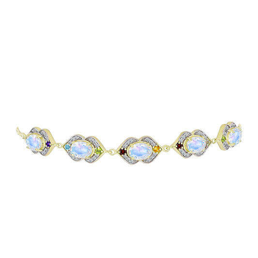 Pulsera de Plata Bañada en Oro con Piedra Lunar Arco Iris y Amatista de Marruecos