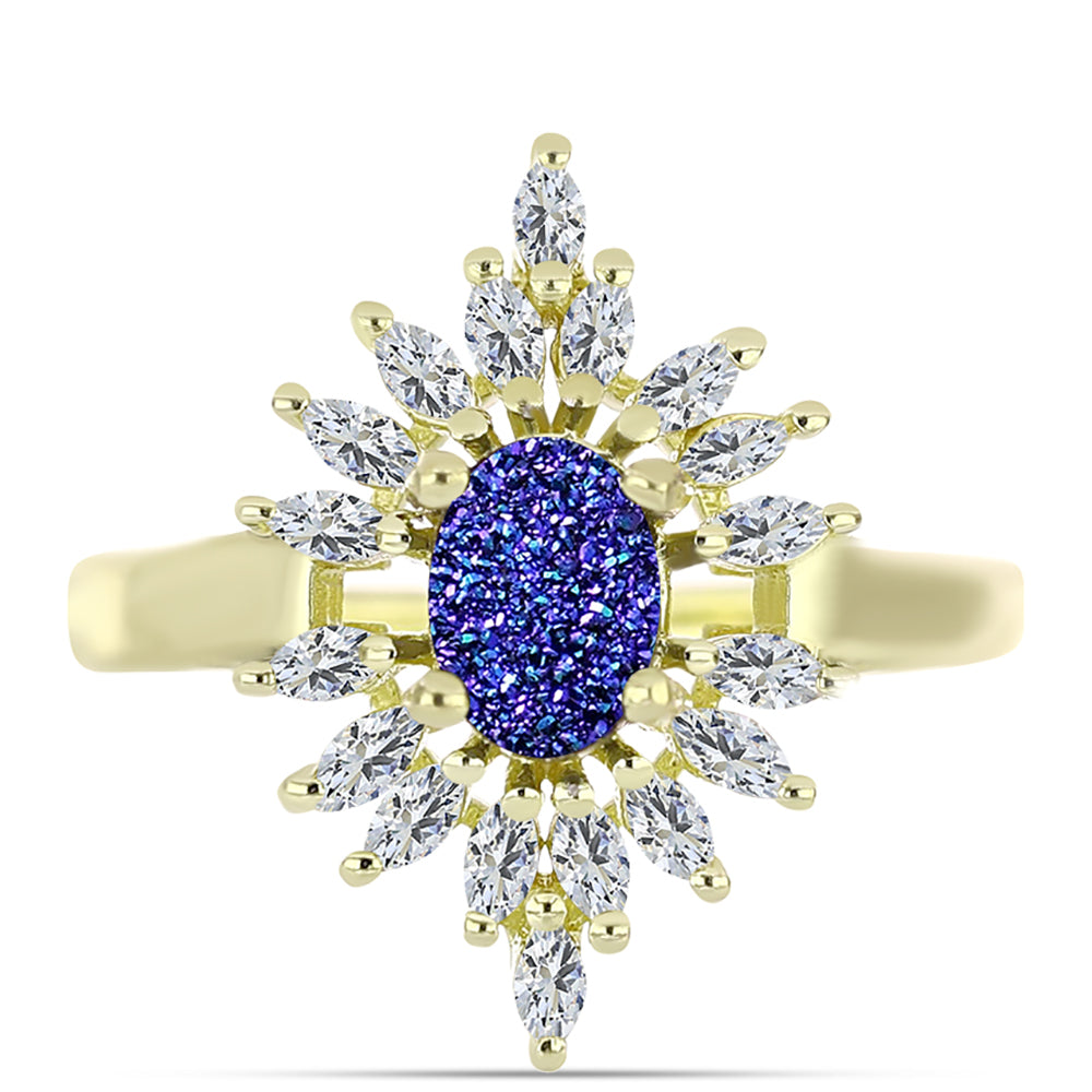 Anillo de Plata Bañada en Oro con Drusa Purpura y Zircón Blanco 1 
