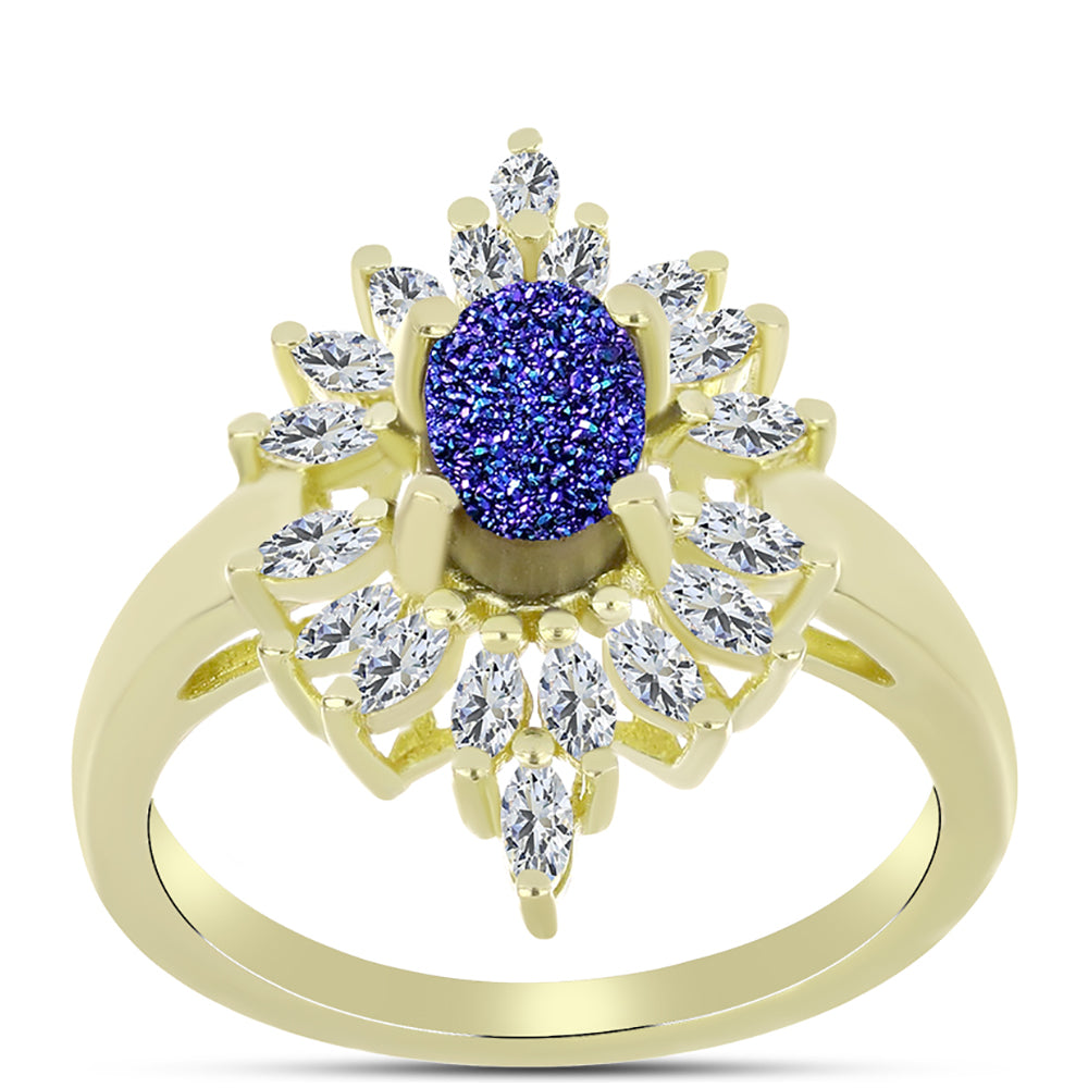 Anillo de Plata Bañada en Oro con Drusa Purpura y Zircón Blanco 3 