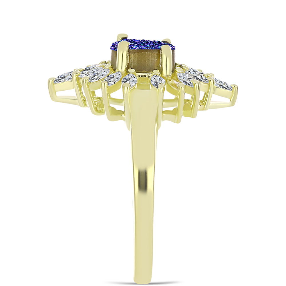 Anillo de Plata Bañada en Oro con Drusa Purpura y Zircón Blanco
