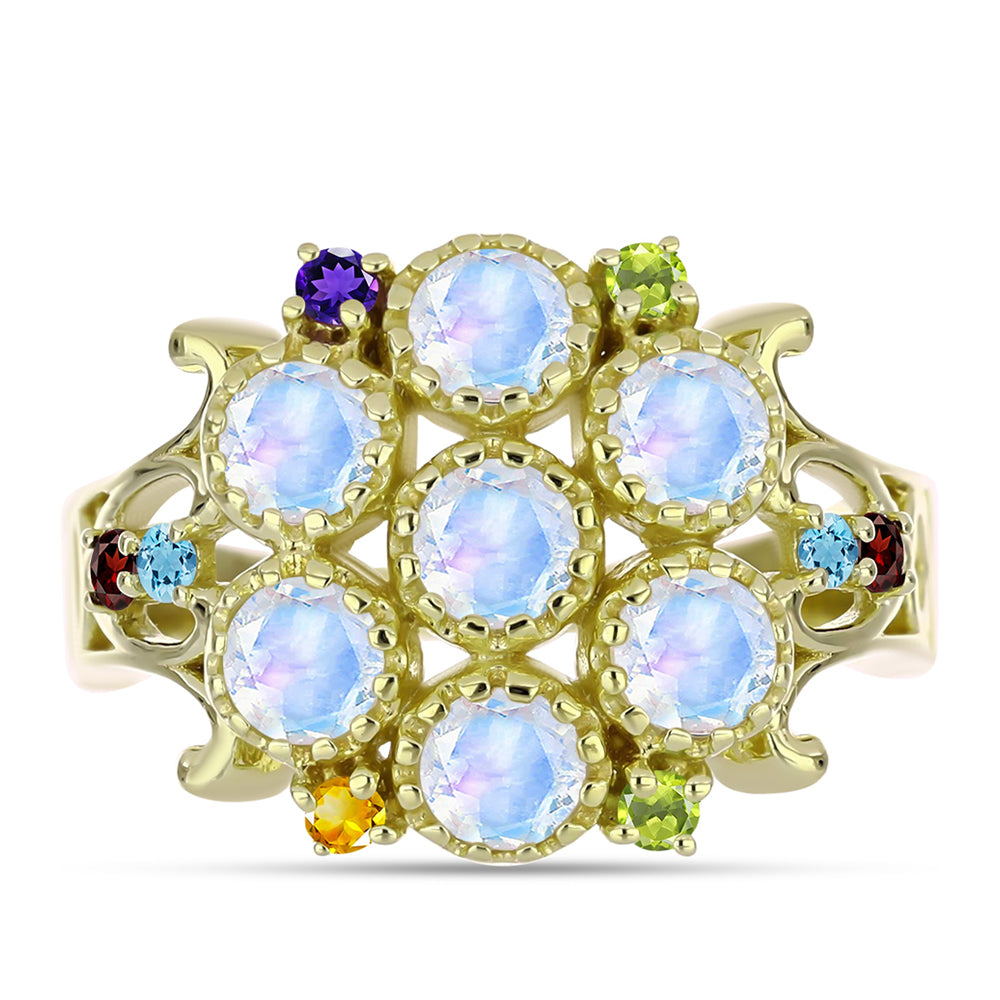 Anillo de Plata Bañada en Oro con Piedra Lunar Arco Iris y Amatista de Marruecos
