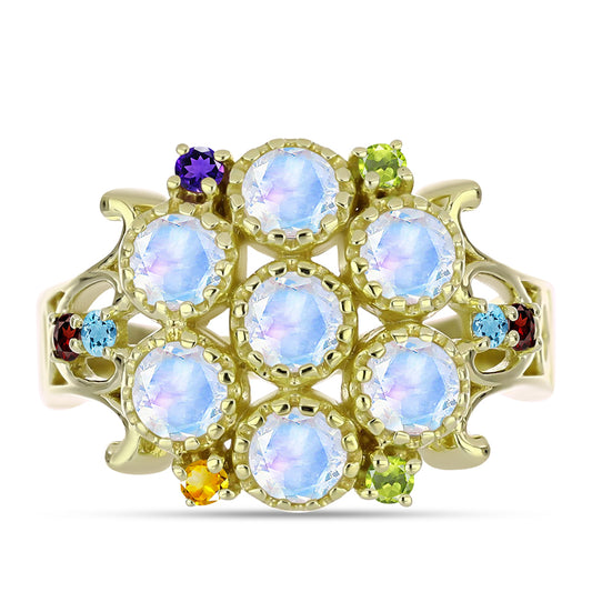 Anillo de Plata Bañada en Oro con Piedra Lunar Arco Iris y Amatista de Marruecos