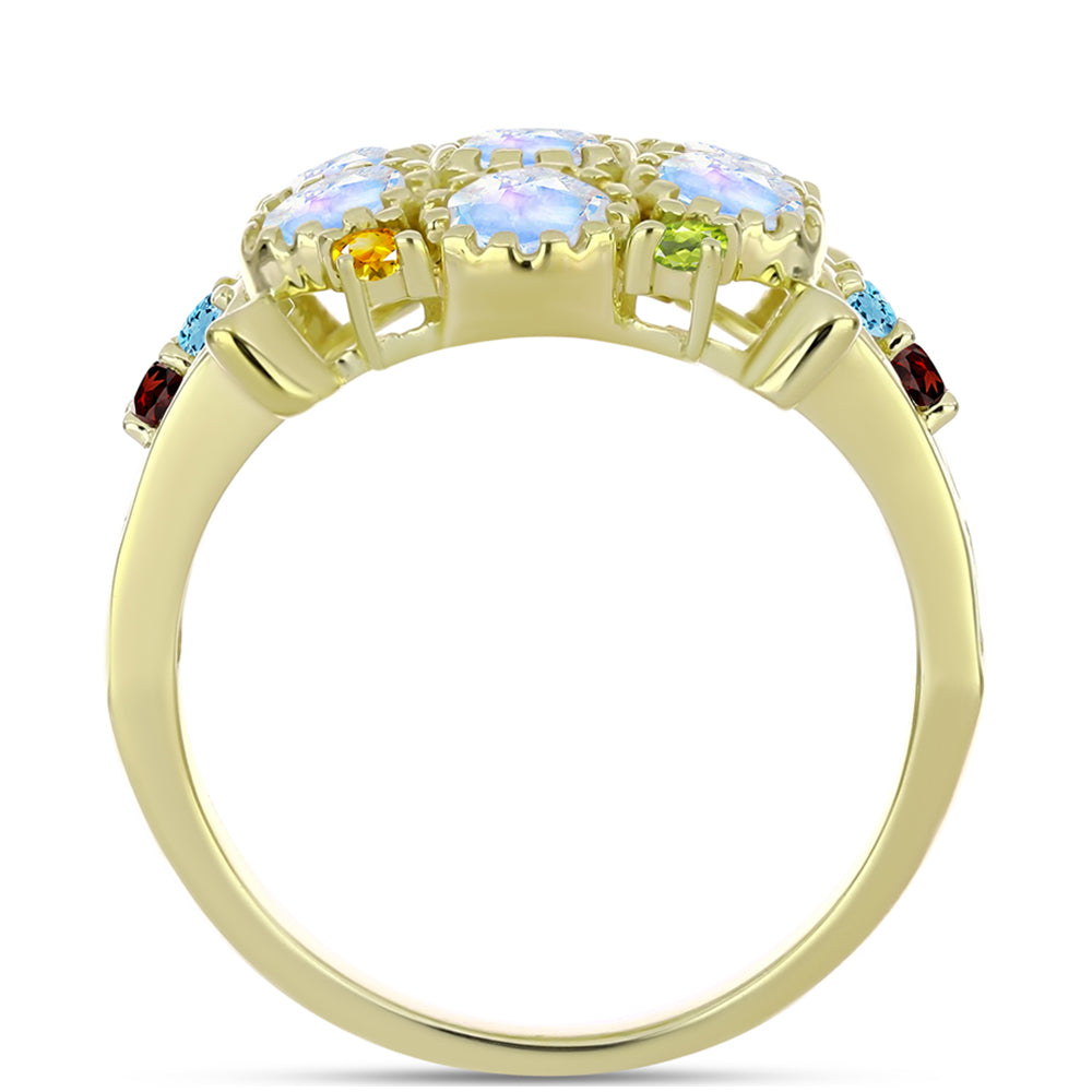 Anillo de Plata Bañada en Oro con Piedra Lunar Arco Iris y Amatista de Marruecos