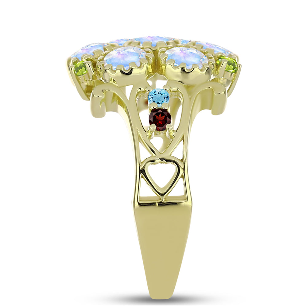Anillo de Plata Bañada en Oro con Piedra Lunar Arco Iris y Amatista de Marruecos