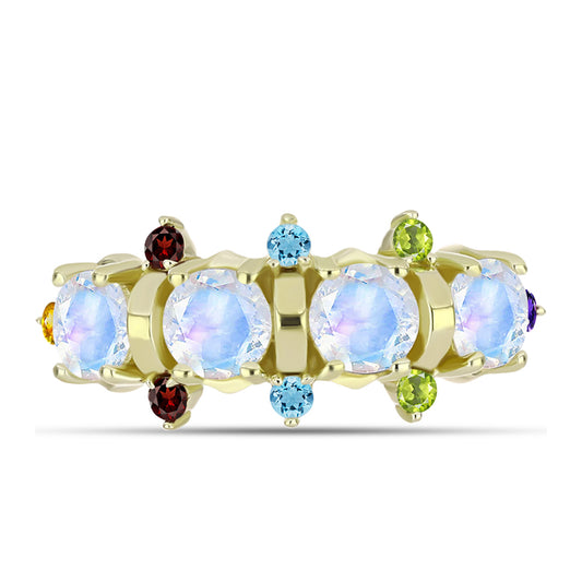Anillo de Plata Bañada en Oro con Piedra Lunar Arco Iris y Amatista de Marruecos
