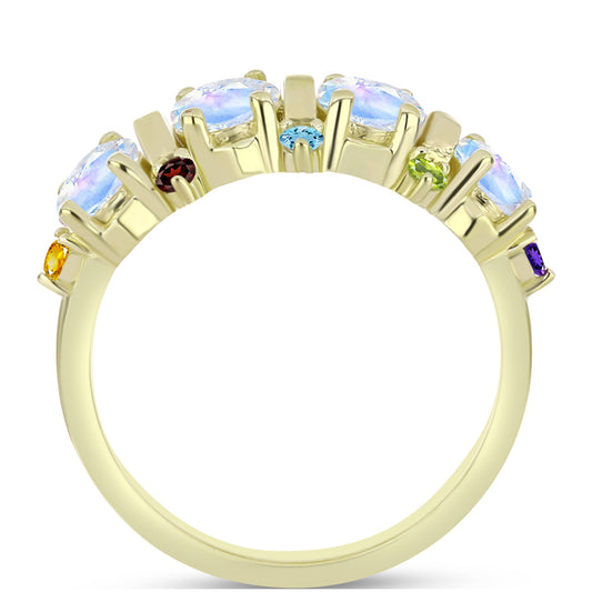 Anillo de Plata Bañada en Oro con Piedra Lunar Arco Iris y Amatista de Marruecos