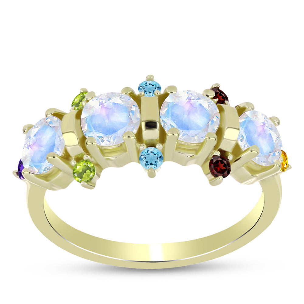 Anillo de Plata Bañada en Oro con Piedra Lunar Arco Iris y Amatista de Marruecos