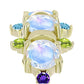 Anillo de Plata Bañada en Oro con Piedra Lunar Arco Iris y Amatista de Marruecos