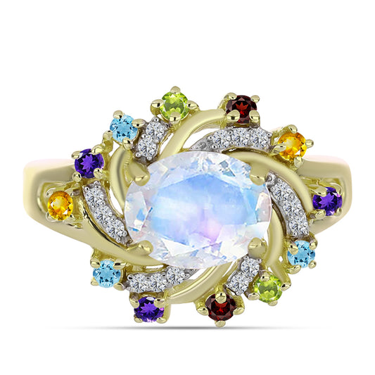 Anillo de Plata Bañada en Oro con Piedra Lunar Arco Iris y Amatista de Marruecos