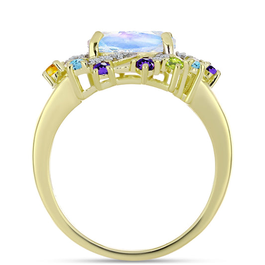 Anillo de Plata Bañada en Oro con Piedra Lunar Arco Iris y Amatista de Marruecos