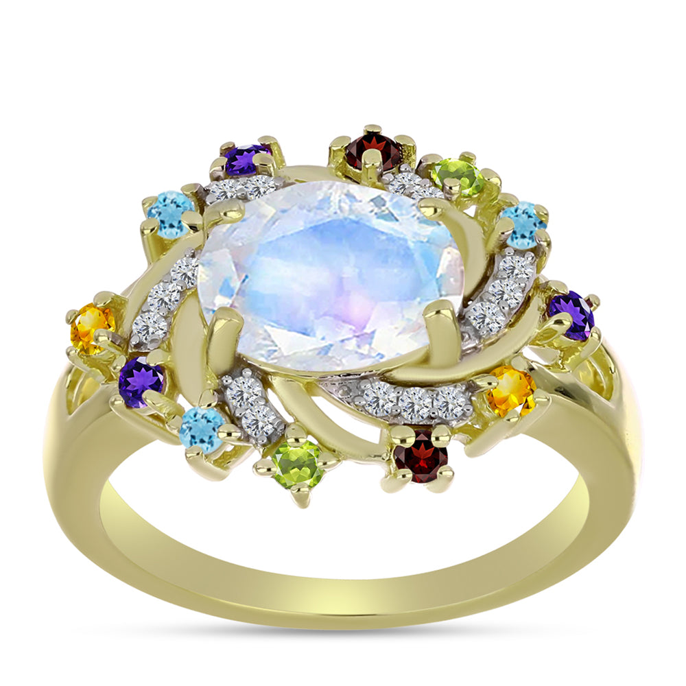 Anillo de Plata Bañada en Oro con Piedra Lunar Arco Iris y Amatista de Marruecos