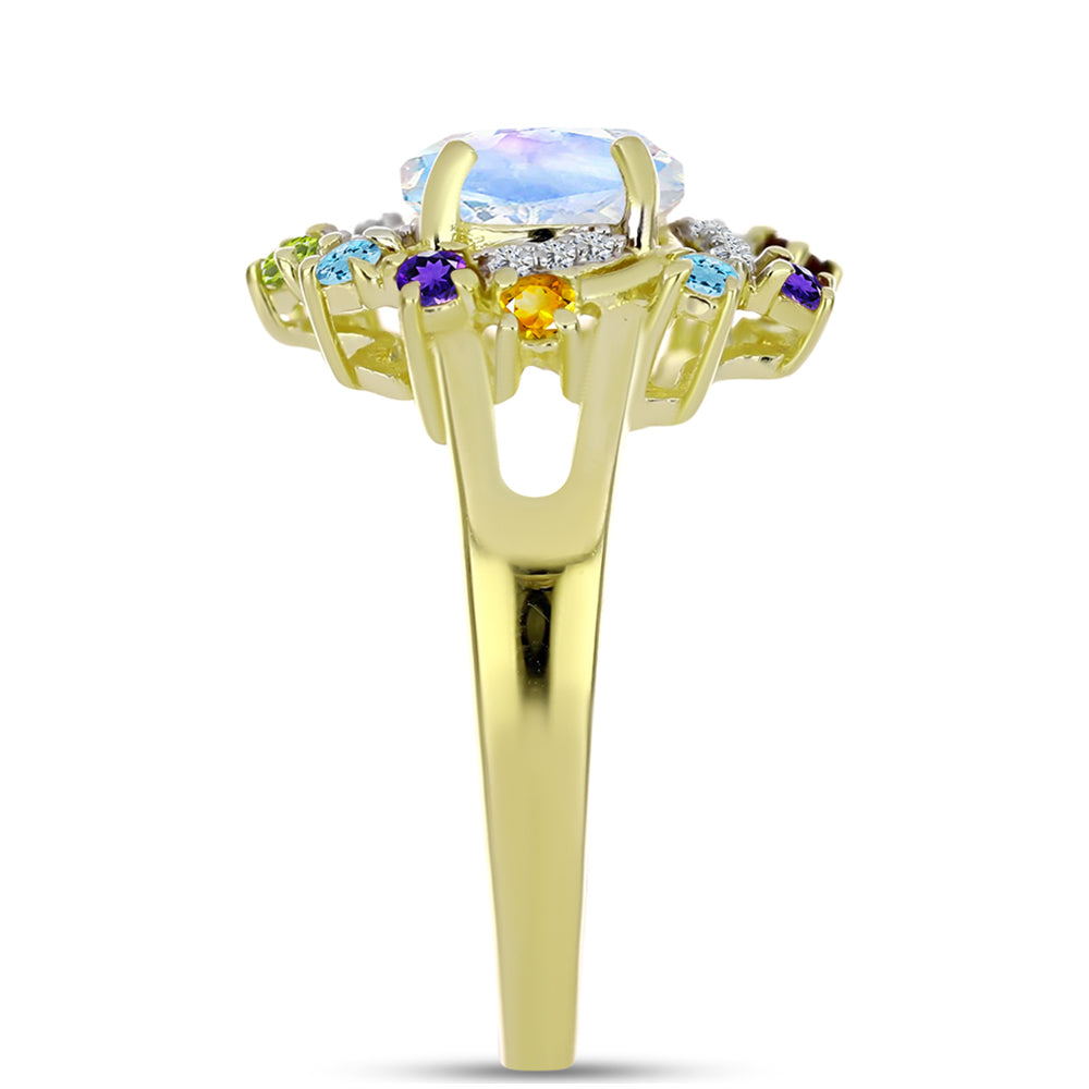 Anillo de Plata Bañada en Oro con Piedra Lunar Arco Iris y Amatista de Marruecos 8 