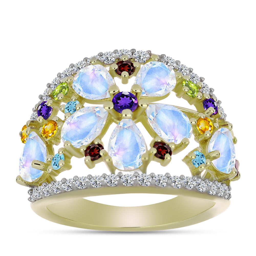 Anillo de Plata Bañada en Oro con Piedra Lunar Arco Iris y Amatista de Marruecos 3 