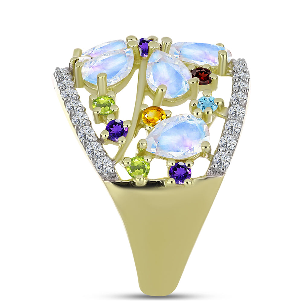Anillo de Plata Bañada en Oro con Piedra Lunar Arco Iris y Amatista de Marruecos 4 