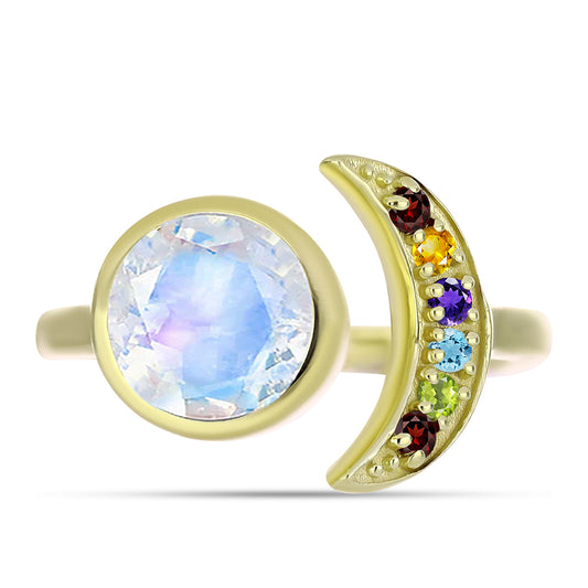 Anillo de Plata Bañada en Oro con Piedra Lunar Arco Iris y Amatista de Marruecos