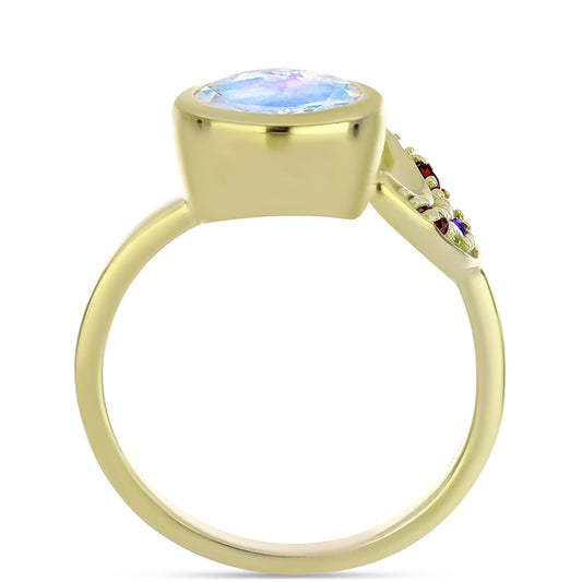 Anillo de Plata Bañada en Oro con Piedra Lunar Arco Iris y Amatista de Marruecos