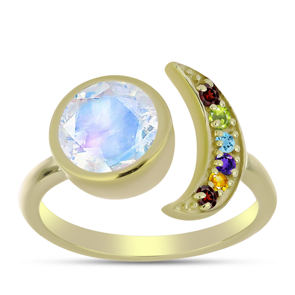 Anillo de Plata Bañada en Oro con Piedra Lunar Arco Iris y Amatista de Marruecos 7 