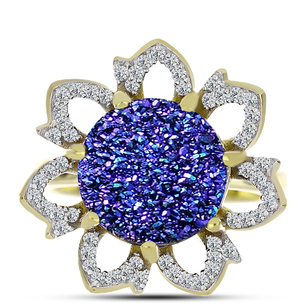 Anillo de Plata Bañada en Oro con Drusa Purpura y Topacio Blanco 1 