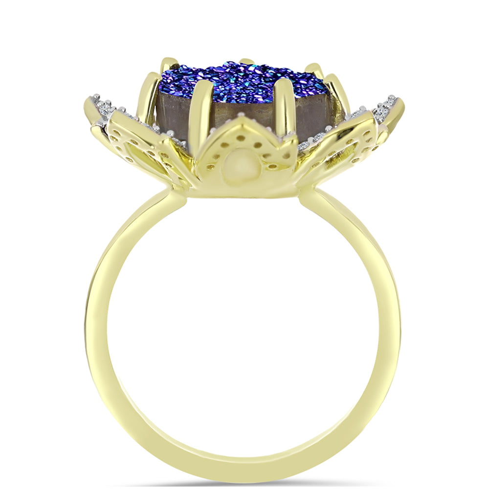 Anillo de Plata Bañada en Oro con Drusa Purpura y Topacio Blanco