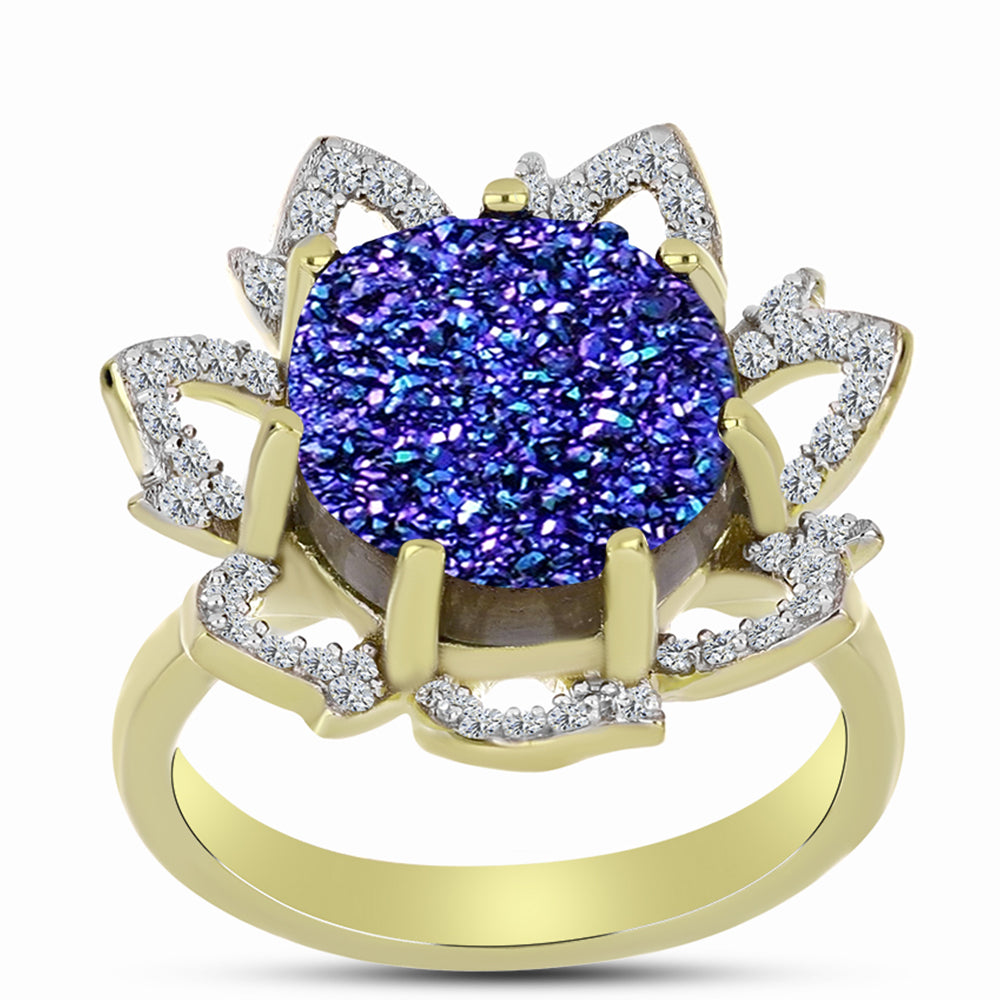 Anillo de Plata Bañada en Oro con Drusa Purpura y Topacio Blanco 3 
