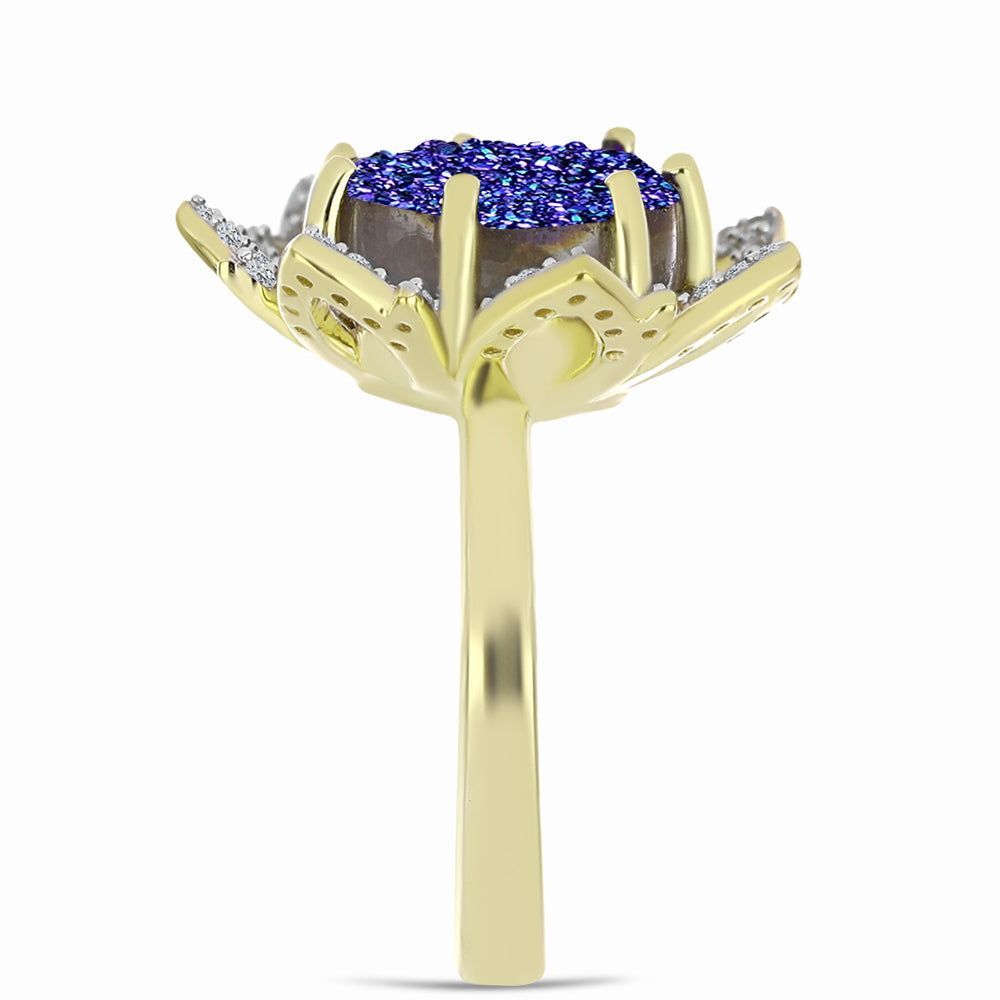 Anillo de Plata Bañada en Oro con Drusa Purpura y Topacio Blanco