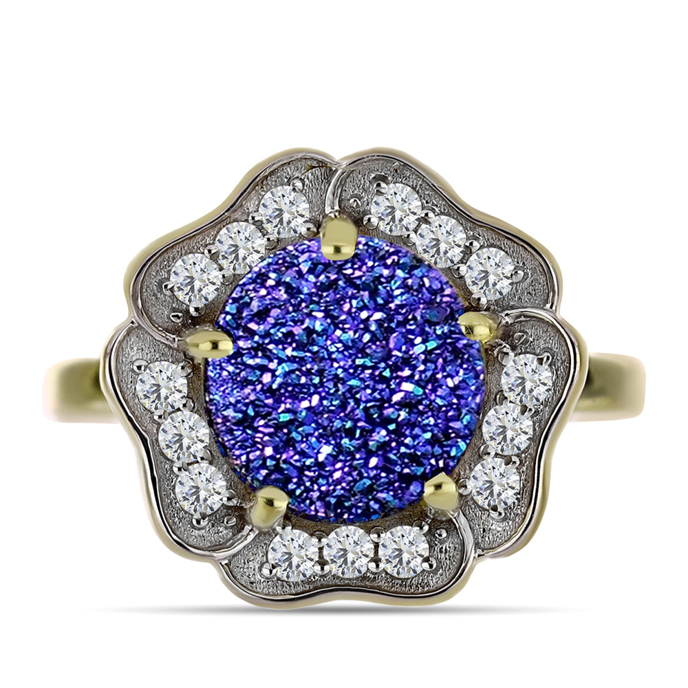 Anillo de Plata Bañada en Oro con Drusa Purpura y Topacio Blanco 5 