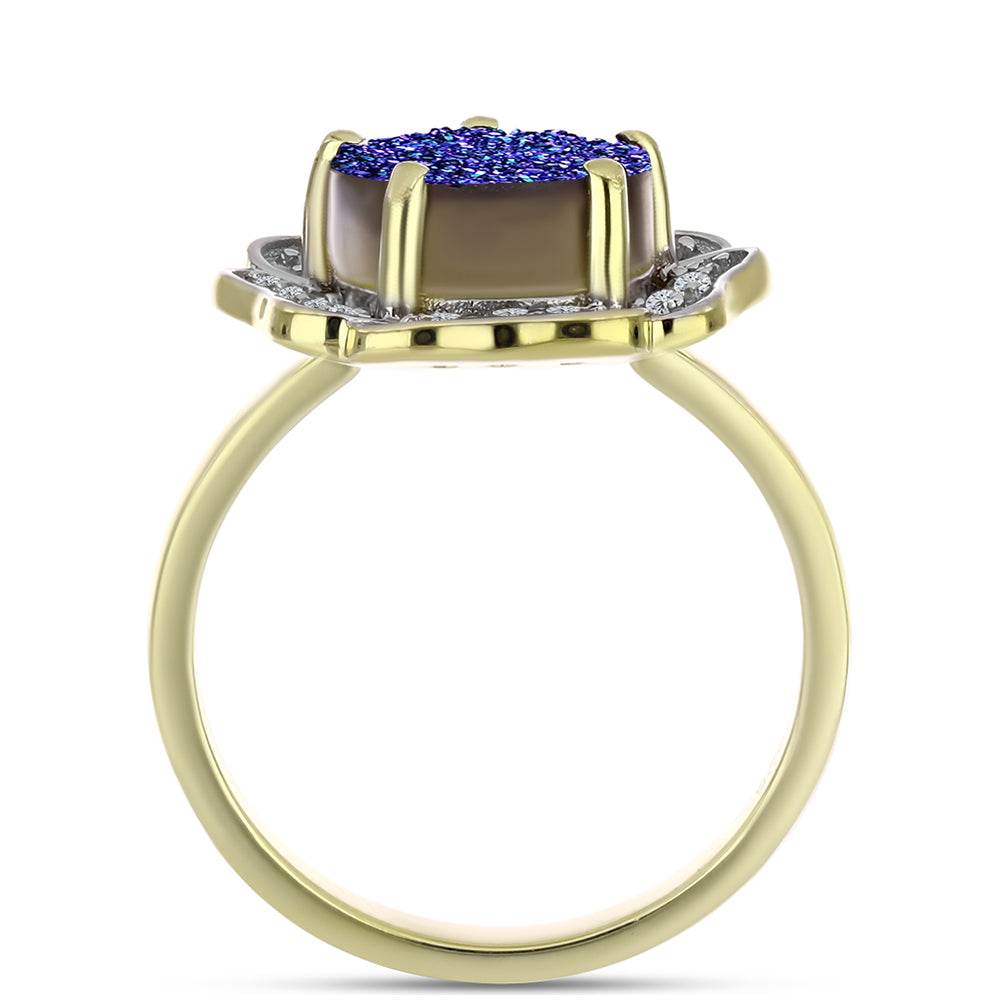 Anillo de Plata Bañada en Oro con Drusa Purpura y Topacio Blanco