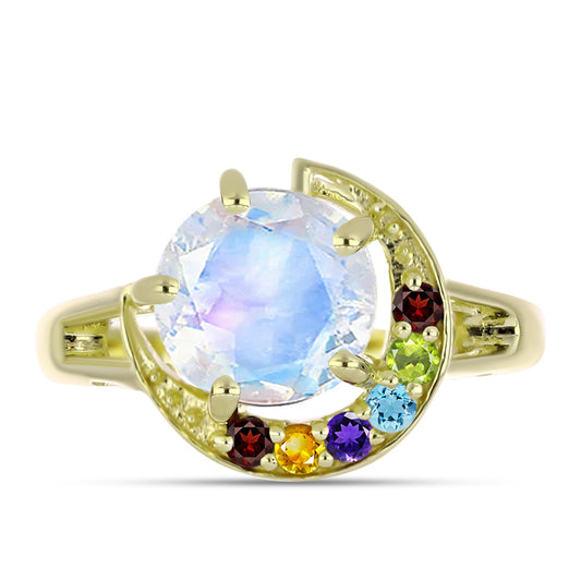 Anillo de Plata Bañada en Oro con Piedra Lunar Arco Iris y Amatista de Marruecos