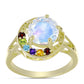 Anillo de Plata Bañada en Oro con Piedra Lunar Arco Iris y Amatista de Marruecos