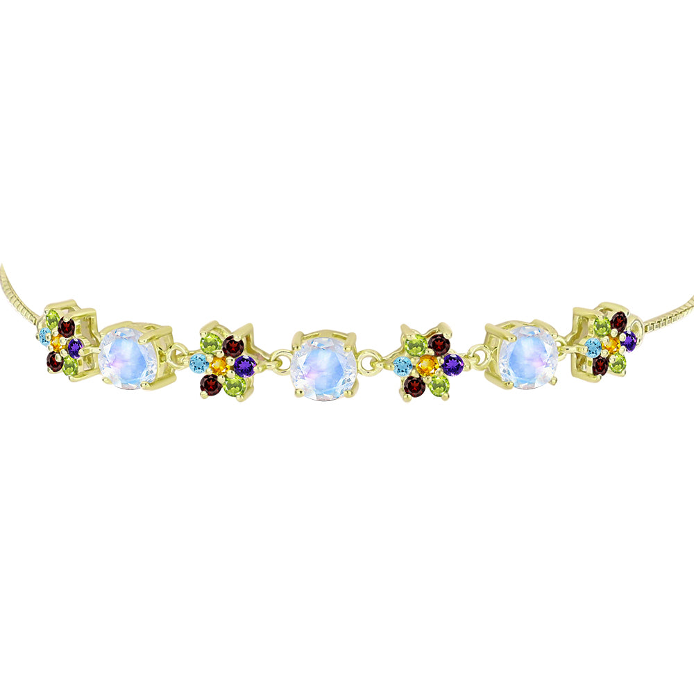Pulsera de Plata Bañada en Oro con Piedra Lunar Arco Iris y Amatista de Marruecos